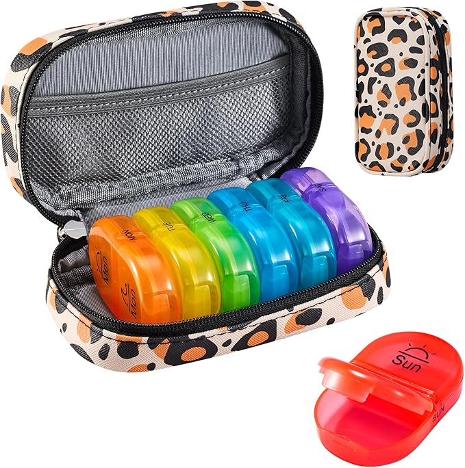 Serfeymi Weekly Travel Pill Organizer 2 Times A Day AM PM Upgraded Rainbow Pill Box 7 Day with Portable Zipper PU Leather Pill Case, Medicine Organizer for Pills, Vitamins, Fish Oils - Brown 02