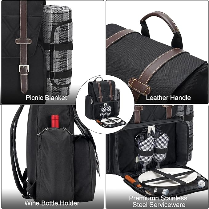 Picnic Backpack for 2 Person with Large Insulated Cooler Bag, Picnic Basket Set with Wine Pouch, Waterproof Picnic Blanket & Cutlery Set. Perfect for Camping, Party,Wedding Gift for Couple.2P-Black