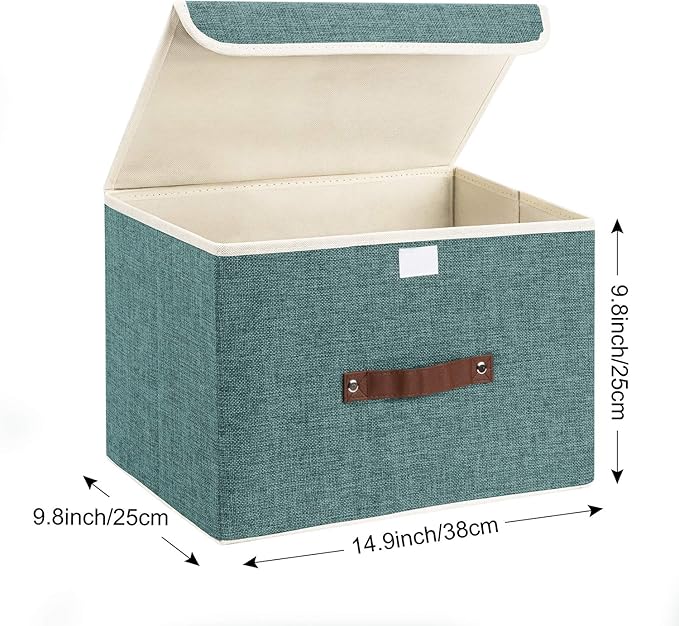 TYEERS Collapsible Storage Boxes, Washable Fabric Storage Bins with Lids, 14.9x9.8x9.8 inches, 3 Pack, Aqua Deep