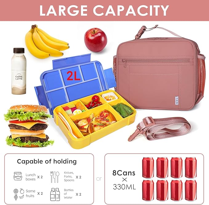 NOL Kids Lunch Bag for School, Reusable Insulated Lunch Box & Children's Tote Bag with Zipper Closure, Buckle Handle, Adjustable Long Shoulder Strap, Easy-Clean Waterproof Fabric Lunchbox - Dark Pink