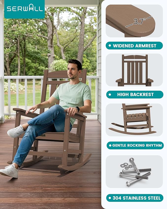 SERWALL Outdoor Rocking Chair Set of 2, HDPE Patio Rocking Chair All-Weather Porch Rocker for Balcony, Yard, Brown