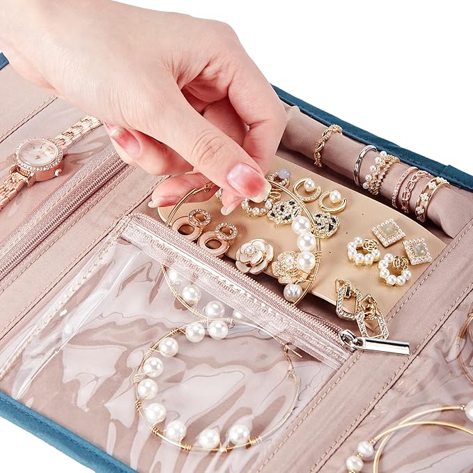 BELALIFE Travel Jewelry Case Organizer, Foldable Jewelry Storage Roll for Earrings, Necklaces, Rings, Bracelets, Brooches, Lake-Blue