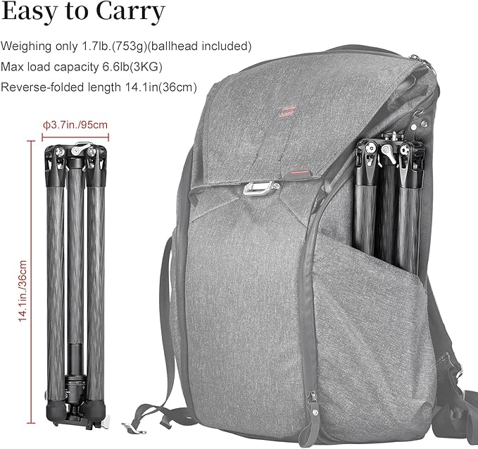 TT2340CE 4-Sections Carbon Fiber Travel Tripod for Ipad, Phone, DSLR Camera, Ideal for vlog Photography, Compact Travel Tripod Lightweight, Small and Short, with 25mm Ball Head