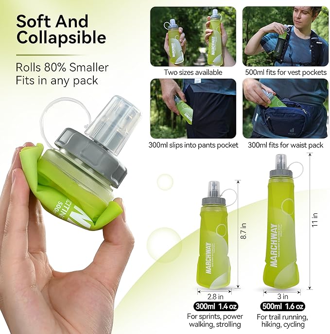 MARCHWAY Soft Hydration Flask with Wide Mouth, 300ml/500ml Collapsible TPU Water Bottle, Leakproof Portable Flexible for Running, Hiking, Cycling, Climbing, Gym, Travel (2pcs Yellow 500ml)