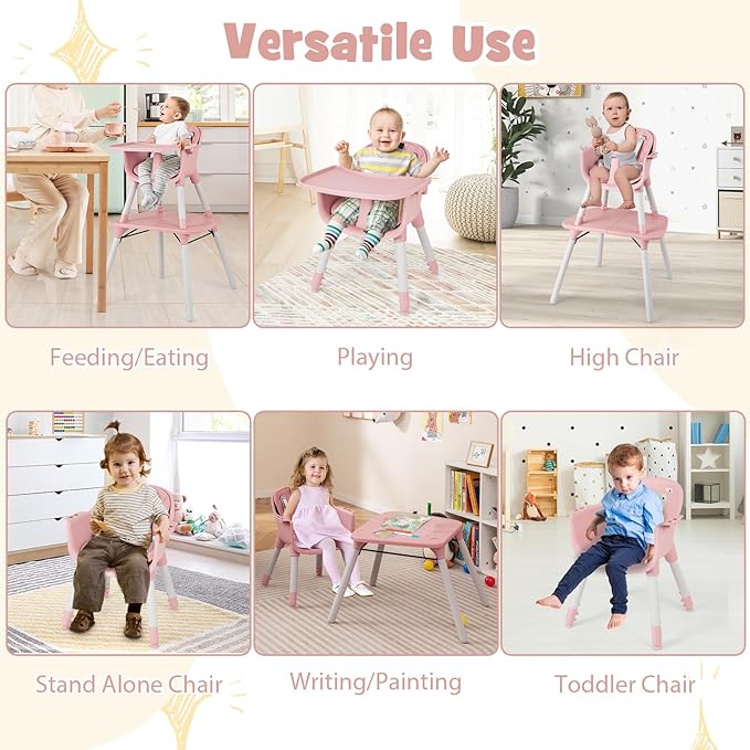 HONEY JOY 5-in-1 High Chair, Convertible Highchair for Babies and Toddlers/Kids Chair Table Set/Infant Feeding Chair w/Safety Harness, PU Leather Cushion & Removable Food Tray (Pink)