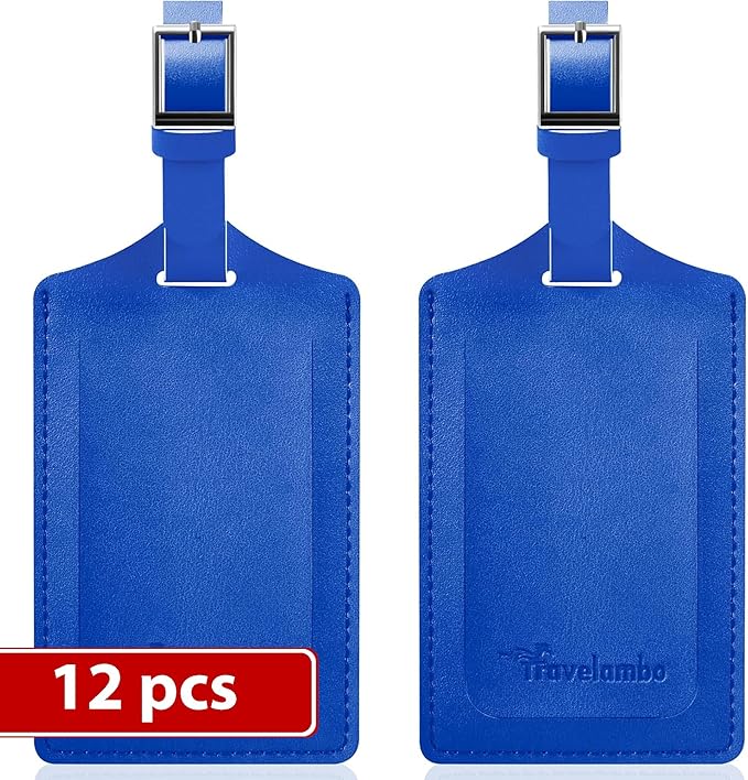 Travelambo Luggage Tags for Suitcases Faux Leather Privacy Protection 12 Pack Bag Tags Travel Accessories Essential, Fresh Blue