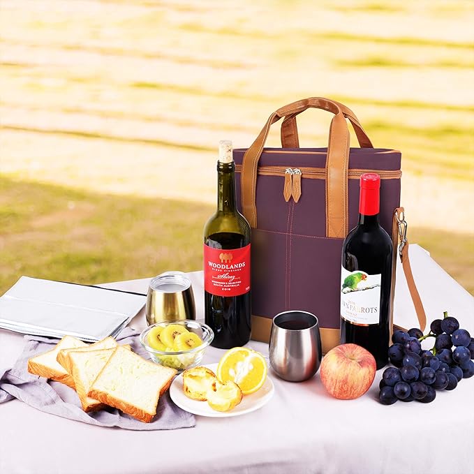 Tirrinia Insulated Wine Gift carrier - 3 Bottle Travel Padded Wine Carry Cooler Tote Bag with Handle and Adjustable Shoulder Strap, Purple