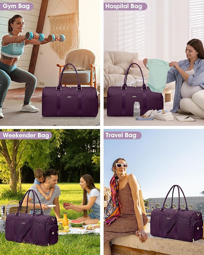 Women Duffle Weekender Travel Bag: Large Duffel Bags with Shoe Compartment Carry On Overnight Tote Bag with Wet Pocket Toiletry Bags Weekend Gym Yoga Hospital Bag for Womens Dark Purple 3Pcs Set