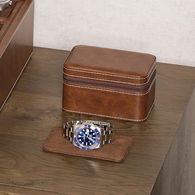 ROTHWELL 2 Watch Travel Case for Men | Compact PU Leather Protective Box with Microsuede Interior | Fits Watches & Smartwatches Up to 55mm (Tan/Brown)