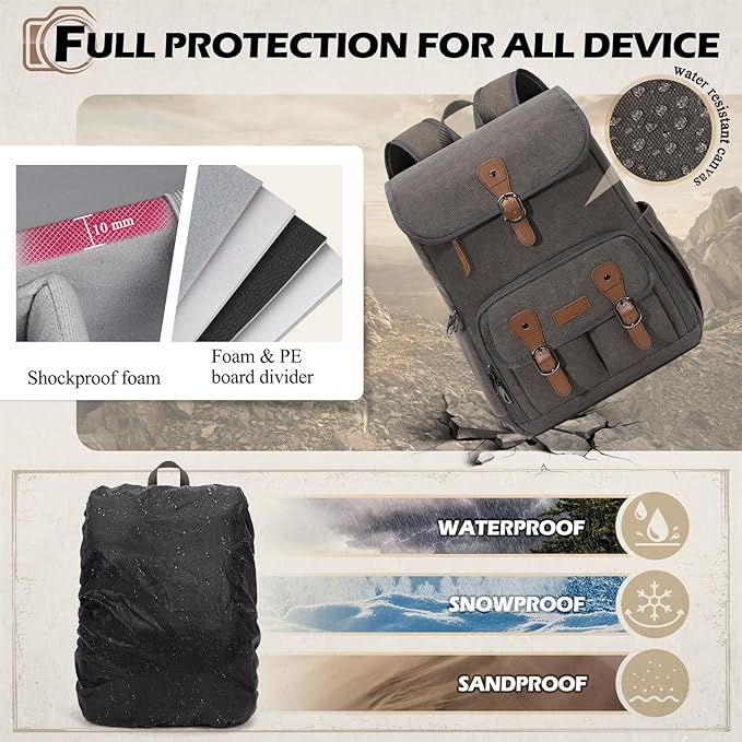 RAINSMORE Camera Bag Backpack for DSLR/SLR Mirrorless 15.6 Inch Laptop Camera Back Pack for Photographers Anti-Theft Photography Bags Case with Tripod Holder & Rain Cover, Dark Grey