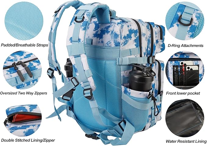 LHI Military Tactical Backpack for Men and Women 45L Army 3 Days Assault Pack Bag Large Rucksack with Molle System - Light blue tie-dye