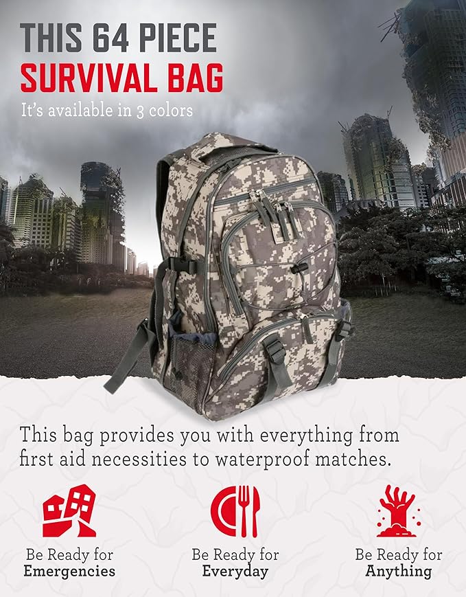 ReadyWise Emergency Survival Gear – Tactical Military Backpack, Camping Essentials Bug Out Bag & Survival Kit, Prepper & Hurricane Supplies, Meal Pouches with up to 25 Year Shelf Life, 64 Piece