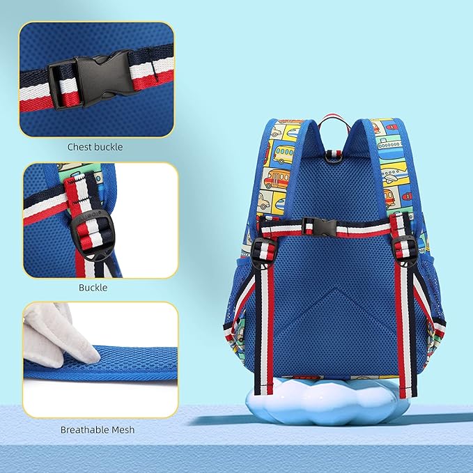 willikiva Cartoon Bus 12 Kindergarten Backpack for Kids Girls and Boys,Waterproof Preschool Toddler Backpack Wiht Leash and Safety Harness (Car)