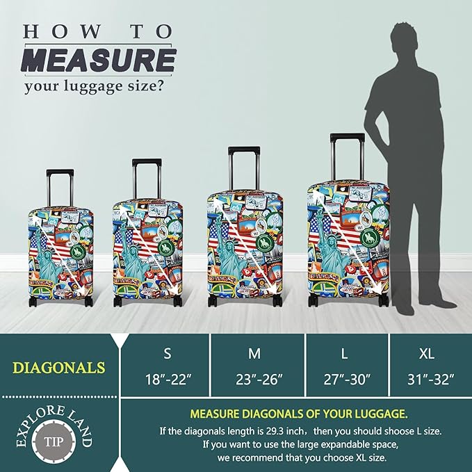 Explore Land Travel Luggage Cover Suitcase Protector Fits 31-32 Inch Case (Statue of Liberty, XL)