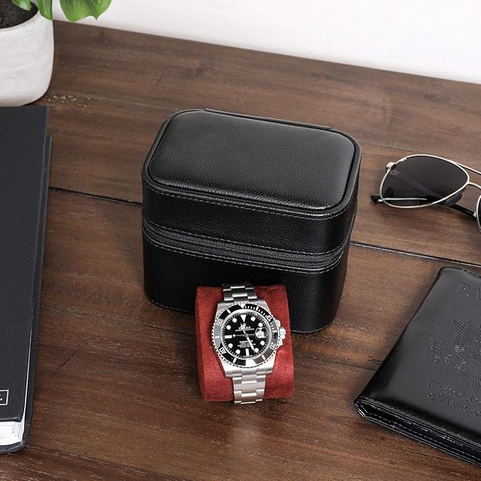 ROTHWELL Gift Set 6 Slot Leather Watch Box and 2 Watch Travel Case - Luxury Case Organizer, Microsuede Liner, Locking Mens Jewelry Watches Holder, Storage Boxes Glass Top (Black/Red Gift Set)