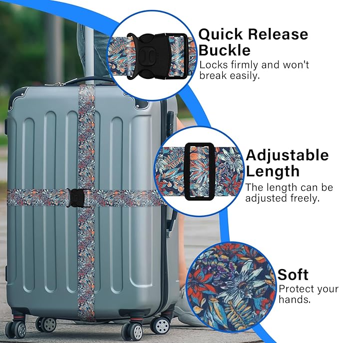 Luggage Straps for Suitcases, Travel Adjustable Belt with Quick Release Buckle, Heavy Duty Nylon Bag Packing Strap, Unique Bright Identifiers Business Travel Accessories (2 Pack) - Blue Flowers