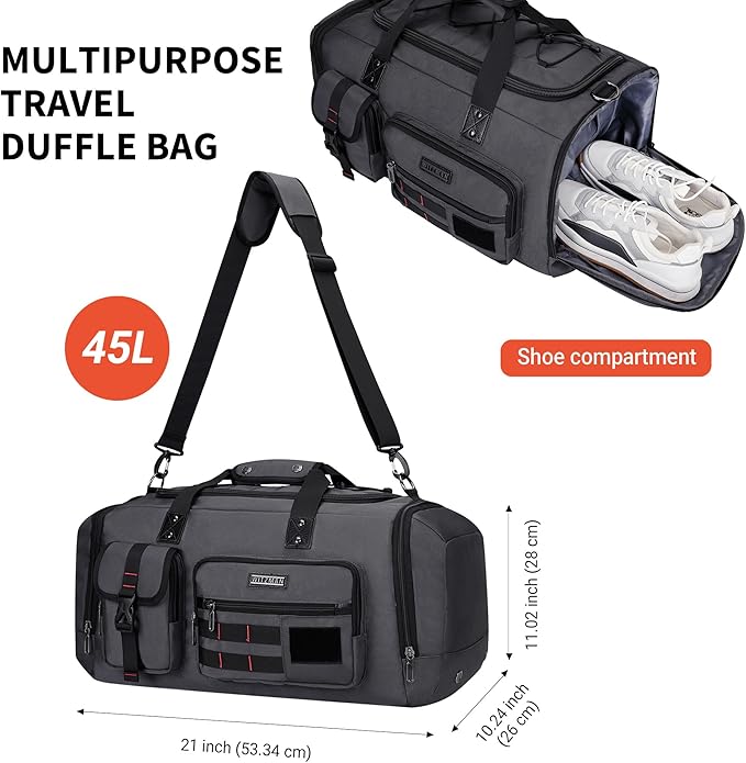 WITZMAN Travel Duffel Bags for Men Large Carry On Weekender Overnight Bag 3 in 1 Backpack with Shoe Compartment （B693 Silvery Grey)