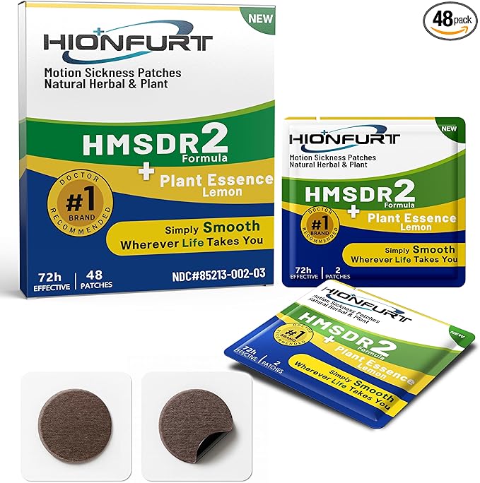 HMSDR2 48ct Motion Sickness Patches with Plant Essence – Lemon – Sea Sickness Patches for Cruise, Car, Airplane – Non-Drowsy, 72H Lasting