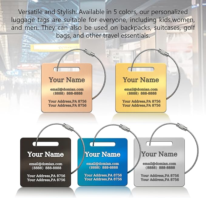 （2-Pack） Stainless Steel Custom Luggage Tags - Laser Engraved Personalized Travel Tags - Custom Name Identification Tags: for Suitcases, Backpacks, Bags and More (Rose Gold)