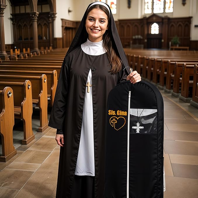 Personalized Garment bag for Hanging Clothes - Embroidered Name Garment Holder With 2 Mesh Pockets for Priest and Nun Robes - Ideal for Clergy Outfits, Uniform Cover Bag with Carry Handle - Black