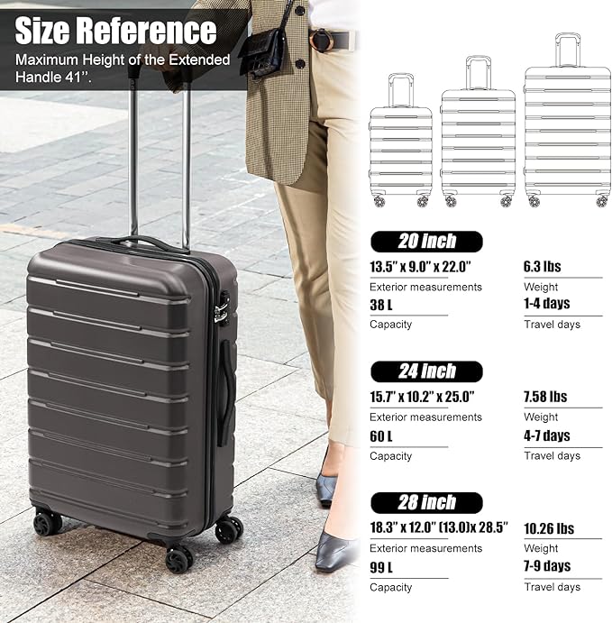Coolife Luggage Suitcase Carry-on Spinner TSA Lock USB Port Expandable (only 28’’) Lightweight Hardside Luggage (Gray, L(28in))