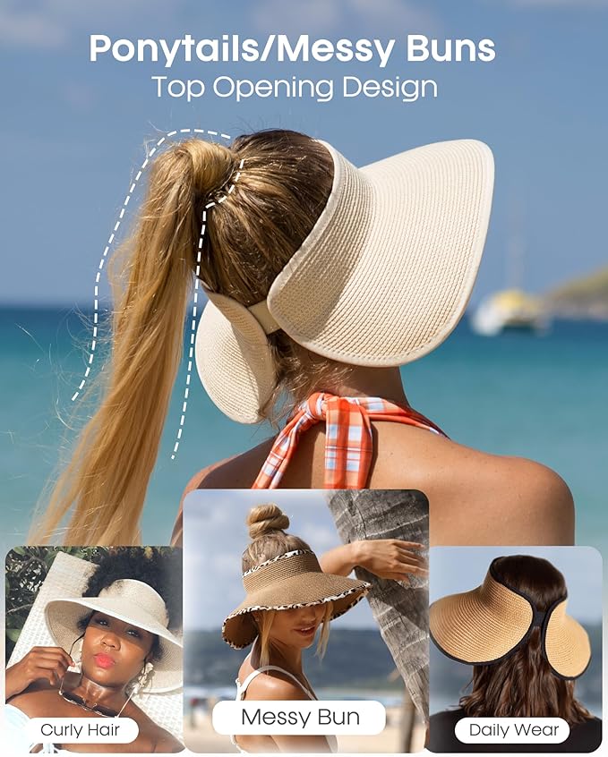 FURTALK Sun Hats for Women Wide Brim Beach Hat Straw Visor Ponytail Summer UV Packable Foldable Beach Vacation Essentials