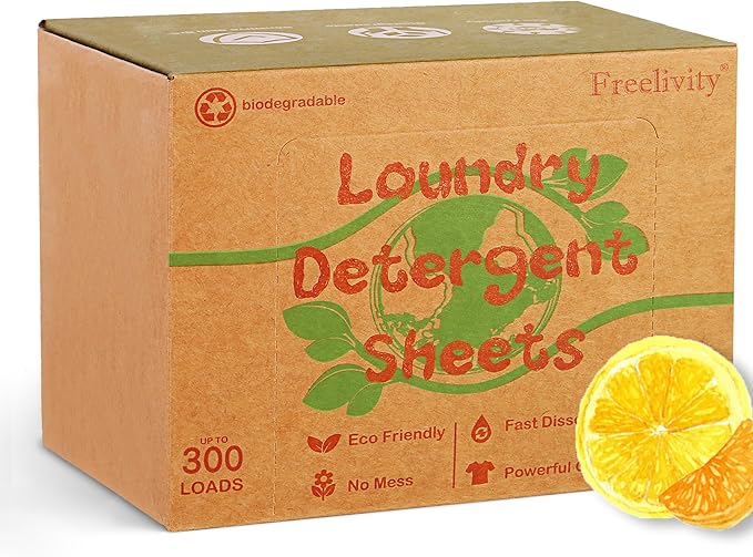 Freelivity Laundry Detergent Sheets, 300 Sheets Lemon Orange - Eco-Friendly Hypoallergenic Plastic-Free LiquidLess Clothes Washing Detergent Supplies for Save Space Travel Camping