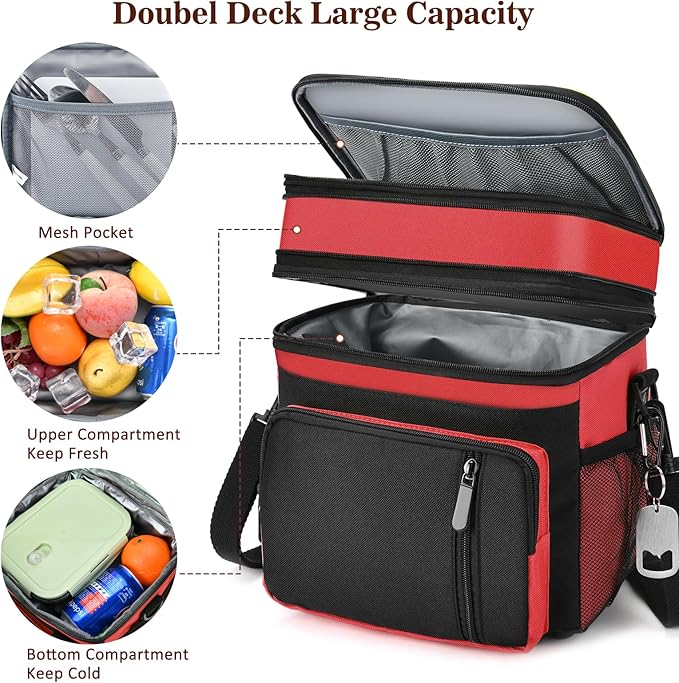 Insulated Lunch Bag Women & Men | Large Adult Lunch Box | Double-Layer Reusable Lunch Bags | Leak-Proof Tote Cooler Bag for Work Picnic Outdoors | 16L, Red