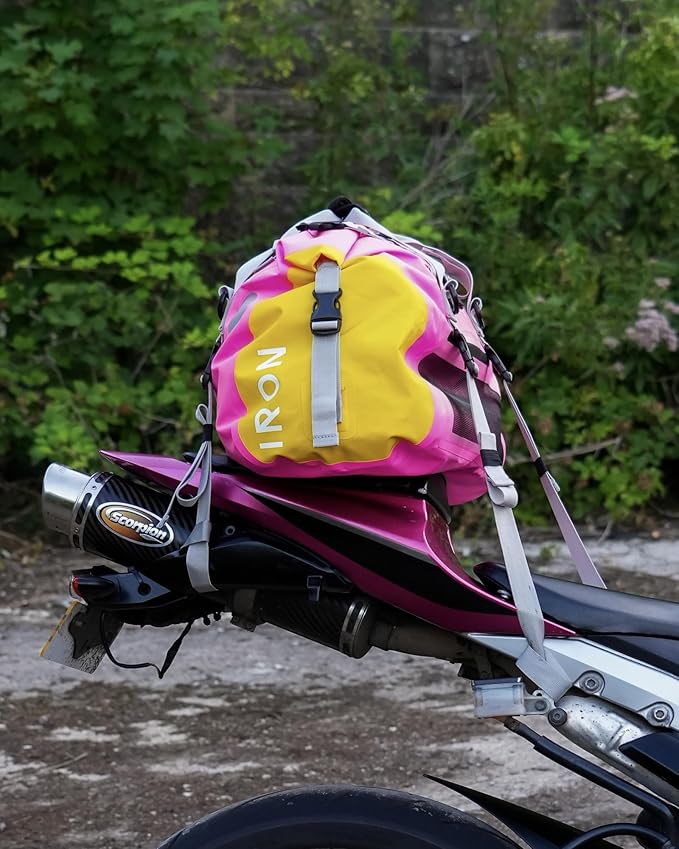 IRON JIA'S Motorcycle Dry Bag - Waterproof Duffle & Luggage Tail Bag Saddle Bags with Roll Top Closure, Shoulder Straps, Inner Pocket and Mesh Pocket (Pink, 30L)