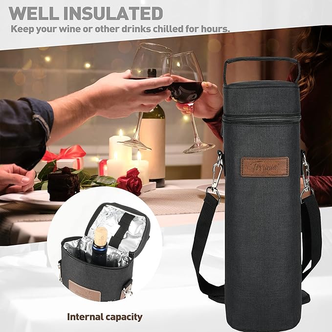 Tirrinia Single Bottle Wine Gift Carrier Bag, Insulated Travel Wine Cooler Tote with Shoulder Strap for Picnic, Party, BYOB Restaurant, Portable One Bottle Wine Chiller Container, Gift for Wine Lovers