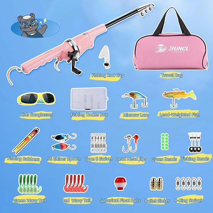 RUNCL Kids Fishing Pole - Portable Folding Fishing Rod and Reel Combo Kit with Spincast Fishing Reel, Kids Sunglasses, Tackle Box, Travel Bag, Gift for Youth