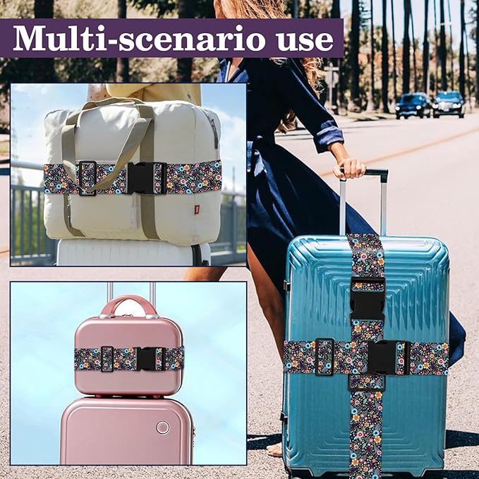 Luggage Straps for Suitcases TSA Approved, Luggage Identifiers for Suitcase, Adjustable Suitcase Strap for Baggage Security with Cute Patten, Travel Necessary Accessories 2Pack (Color Retro)