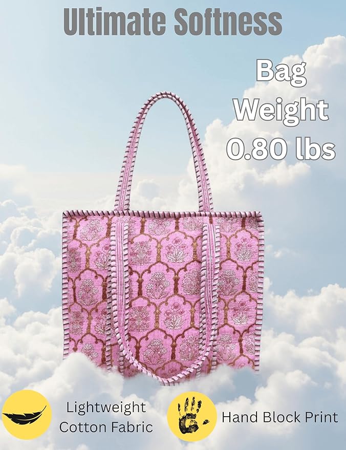 Cotton Quilted Tote Bag for Women – Large Beach & Travel Tote with Zipper, Reusable Grocery Bag