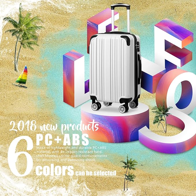 Coolife Luggage Expandable(only 28") Suitcase PC+ABS Spinner 20in 24in 28in Carry on (white grid new, L(28in))