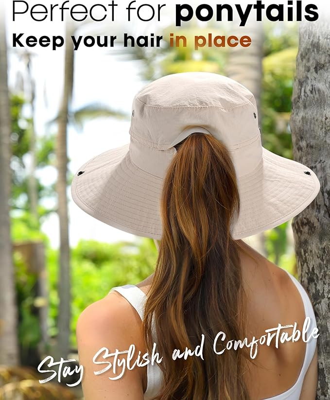 FURTALK Sun Hats for Women Ponytail UPF 50+ Beach Summer Hat Wide Brim Packable Cowboy Hat