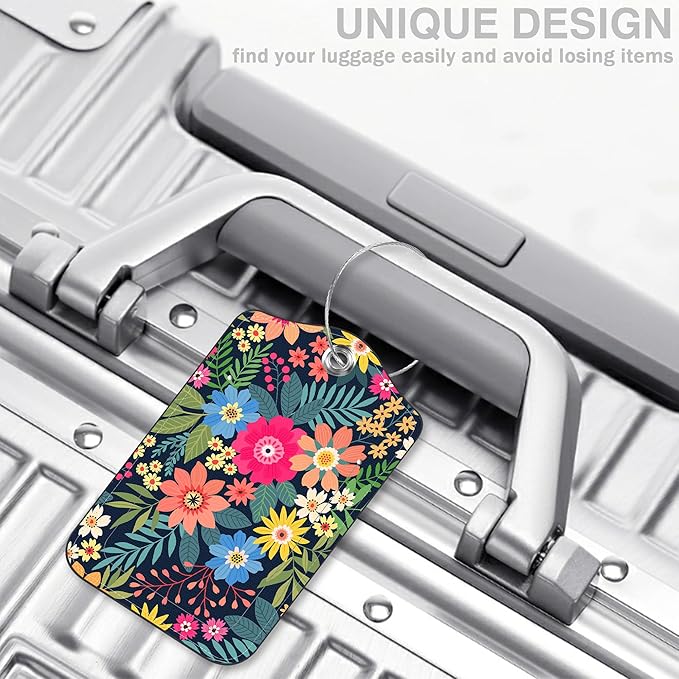2 Pcs Colorful Flowers and Leaves Luggage Tags for Suitcases PU Leather Baggage Tags Name ID Label with Privacy Cover and Stainless Steel Loop for Men Women Travel Bag Suitcase