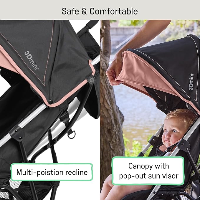 Ingenuity3D Mini Convenience Stroller – Lightweight Stroller, Compact Fold, Multi-Position Recline, Canopy with Pop Out Sun Visor and More – Umbrella Stroller for Travel, Dusty Rose Pink