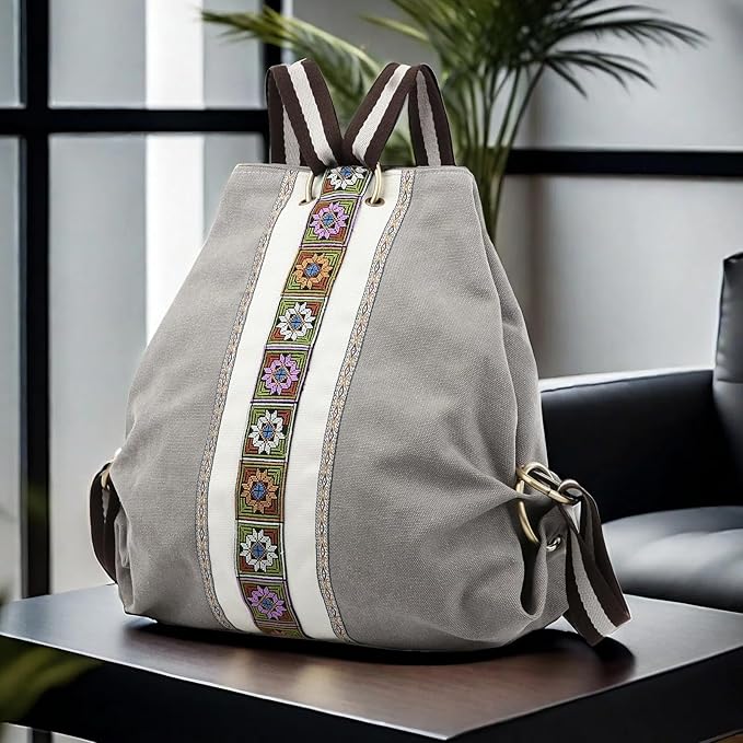 Goodhan Women Canvas Backpack Daypack Casual Shoulder Bag, Vintage Heavy-duty Anti-theft Travel Backpack, Light Grey