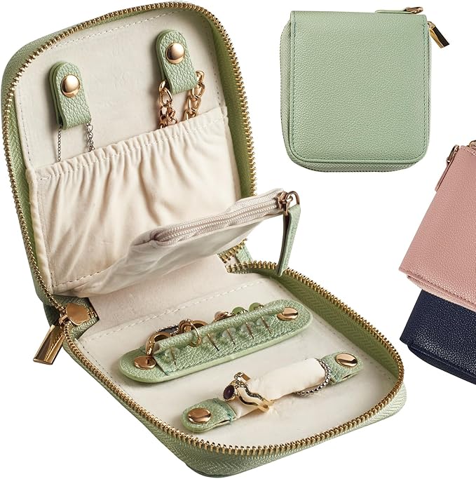 Travel Jewelry Organizer Case - for Tangle-Free Necklaces, Earrings, Rings, Bracelets Storage, Travel Essentials, Fashion Portable Jewelry Travel bags for Women - Small Macaron Green