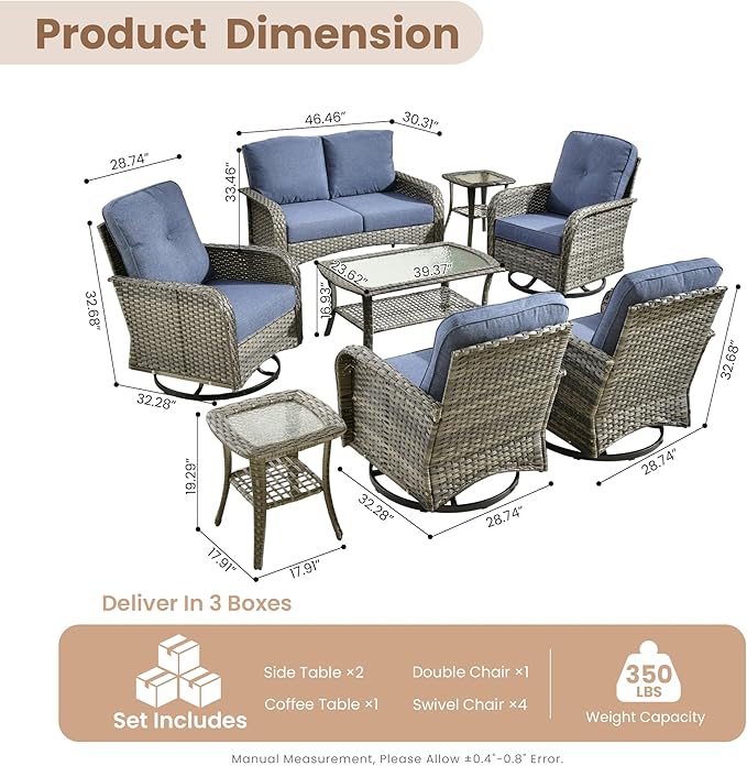 HOOOWOOO Patio Furniture Set,8 Pieces Outdoor Conversation Set,All Weather Wicker Loveseat Sofa Set with High Back Swivel Rocking Chairs Tables,Denim Blue