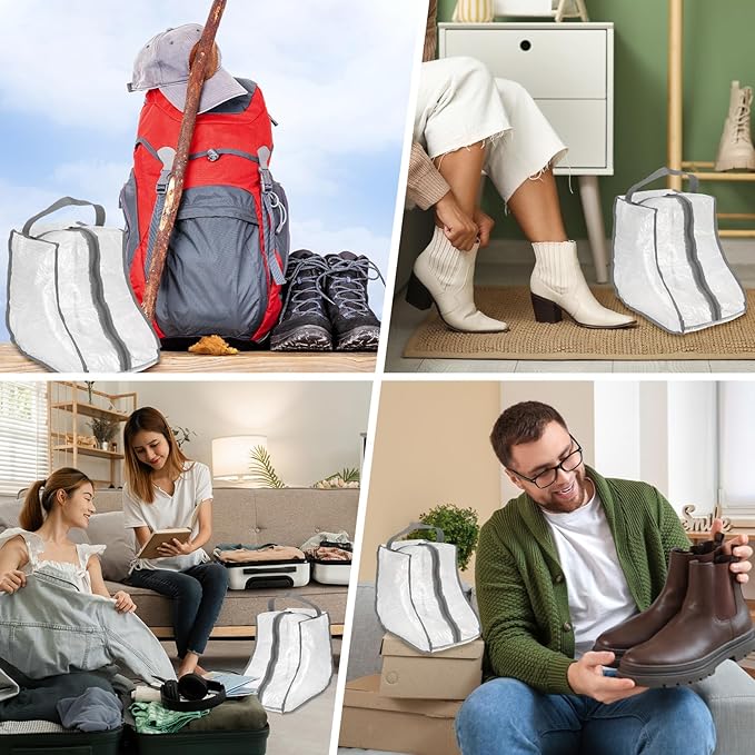 Boot Storage Bags [2PCS] - Plastic Short Boot Carry Bags Clear Shoe Bags with Handle for Travel & Daily Use - [Gray] Waterproof & DustProof Boot Bags for Cowboy Boots