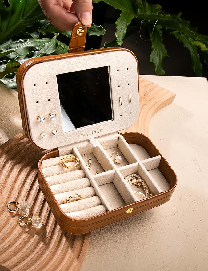 S.Leaf Travel Jewelry Organizer Travel Jewelry Boxes for Women Small Jewelry Travel Case Box Portable Travel Jewelry Case Travel Case Mini Jewelry (15_Crocodile_Brown_Big)