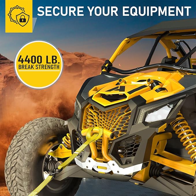 AUGO Heavy Duty Ratchet Straps & Soft Loops – Pack of 4 Extra Strong 1.5” by 10’ Ratchet Straps w/S-Hook Safety Latches & 4 Soft Loop Tie Downs – 4400Lb Break Strength for Motorcycles, ATVs, Etc.