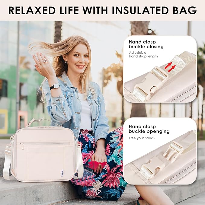 NOL Kids Lunch Bag - Kids 3+ Reusable Insulated Lunch Box with Zipper Closure Buckle Handle Adjustable Long Shoulder Strap, Easy-Clean Waterproof Fabric, Children Lunch Tote Bag for School -Cream