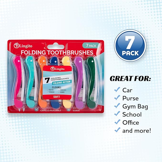 Lingito Mini Toothbrush with Cover, Folding Travel Size, Adults Kit (7 Pack Soft)