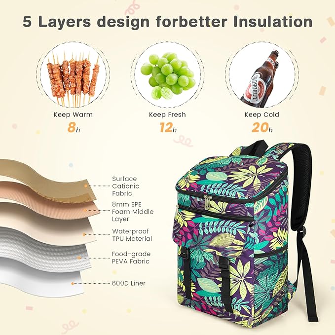 Cooler Backpack Soft Insulated Leak Proof 30 Cans Insulated Backpack Cooler Portable Picnic Camping Beach Hiking BBQ Lunch Backpack for Men and Women -Leaf Flowers