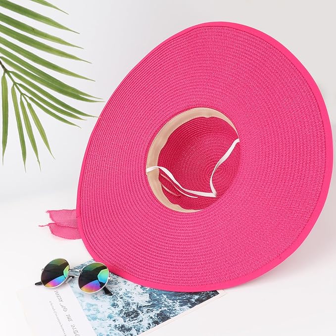 DRESHOW Beach Hats for Women Big Straw Wide Brim Summer Hat Floppy Foldable Roll up Cap Sun Hat UPF 50+