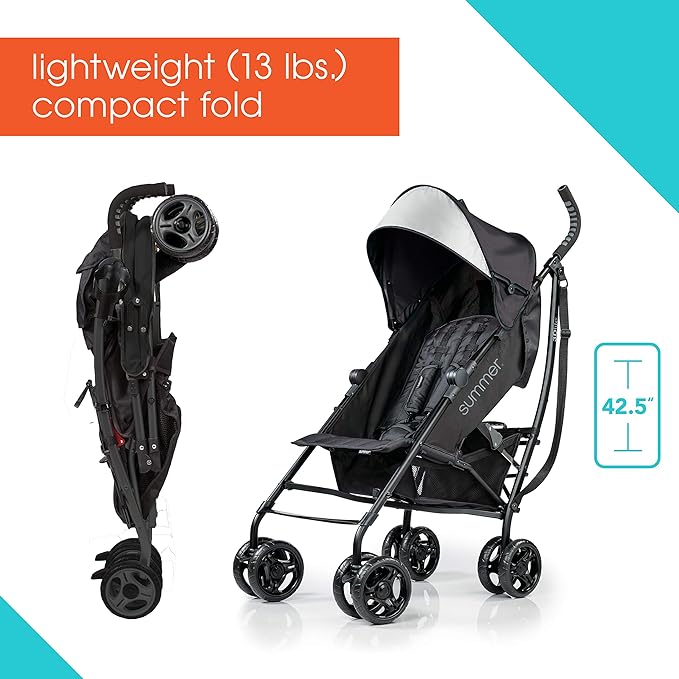 Summer Infant Ingenuity 3Dlite Convenience Stroller,Jet Black–Lightweight Stroller with Aluminum Frame,Large Seat Area, 4 Position Recline, Extra Large Storage Basket– Infant Stroller for Travel&More
