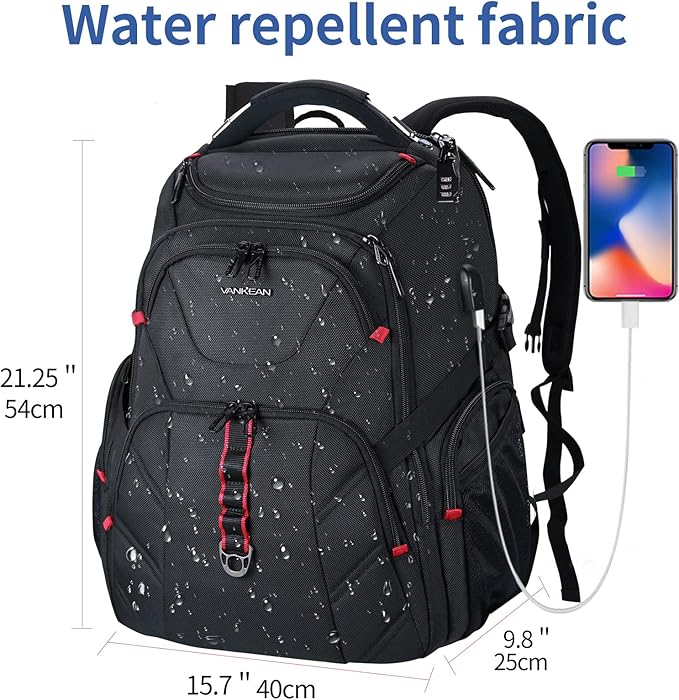 VANKEAN 17.3'' Travel Laptop Backpack TSA Friendly, Water Resistant Anti Theft Extra Large College Backpacks with RFID Pockets, USB Port for Men Women Business Work Bag, Black
