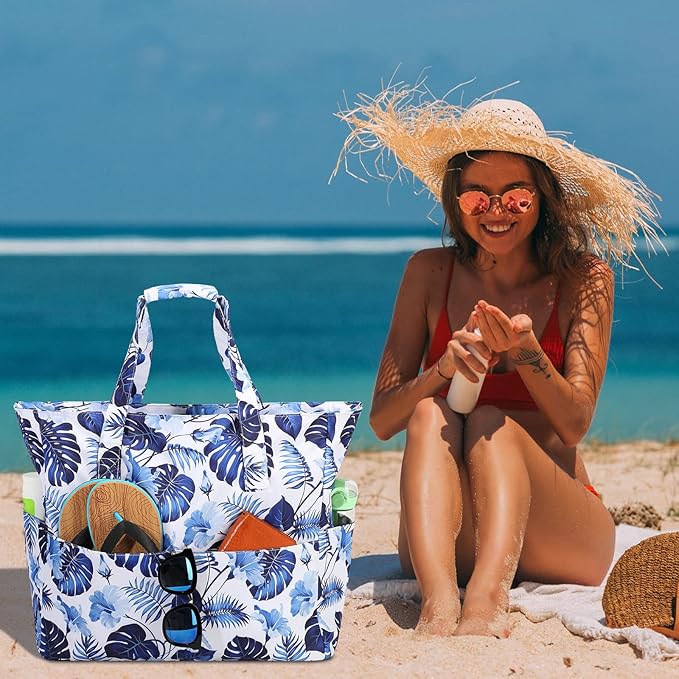 LEDAOU Large Beach Tote Bag Women Waterproof Sandproof Zipper Beach Tote Bag for Pool Gym Grocery Travel with Wet Pocket